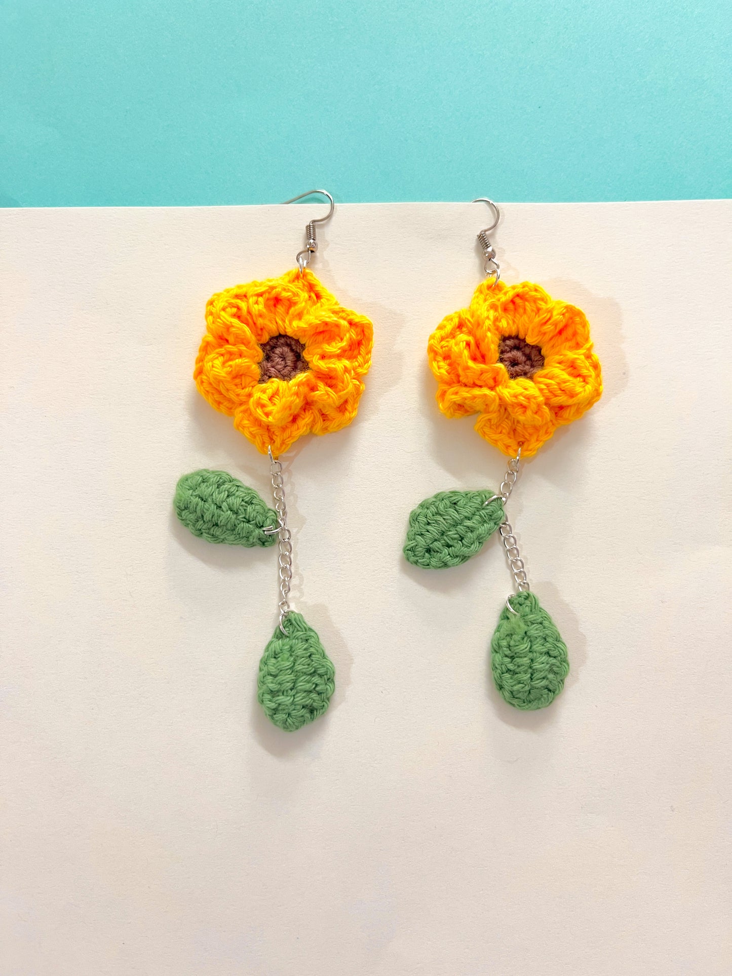 Sunflower with Leaves Handmade Crochet Earrings