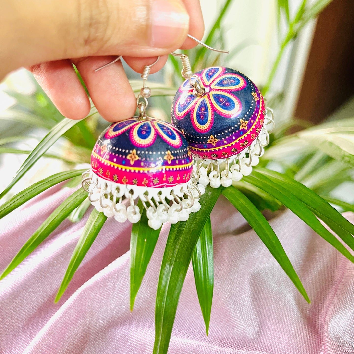 Red and blue Meenkari Handmade Jhumka