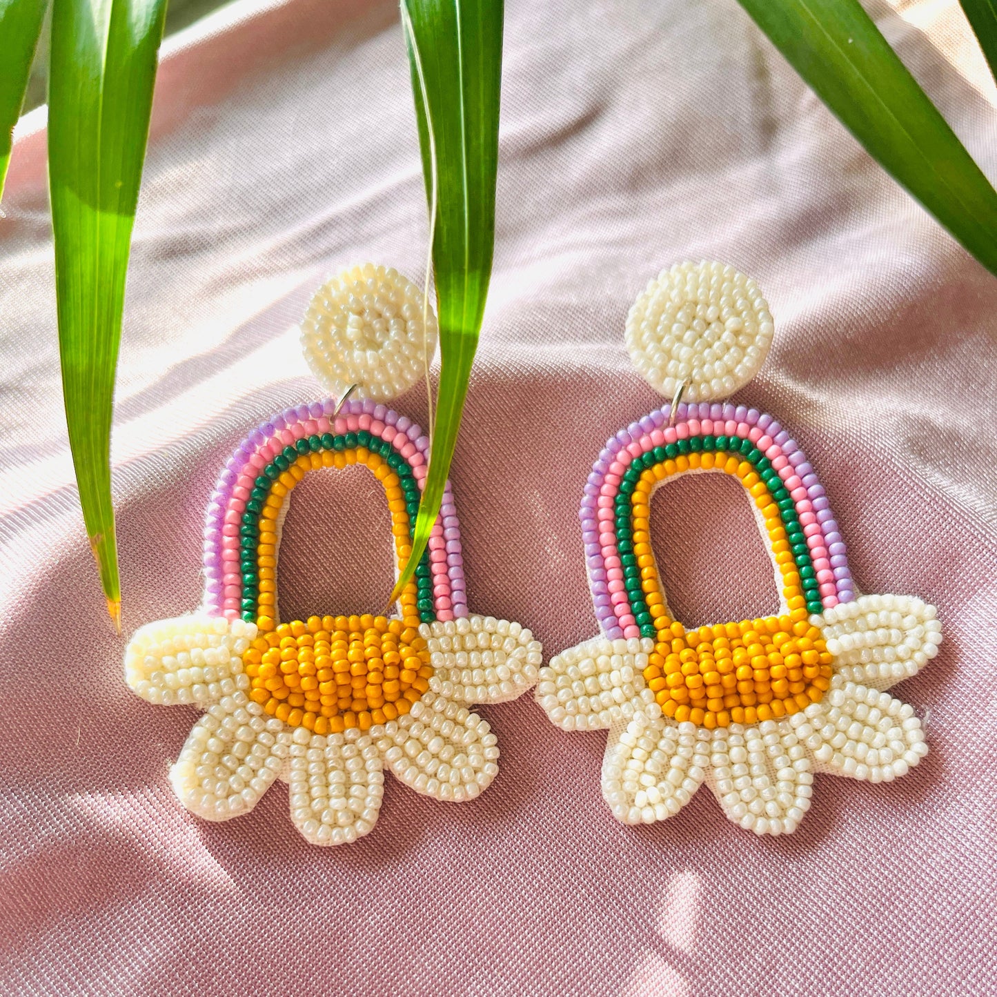 Cute Rainbow and Flower Shape Handmade Beaded Earring