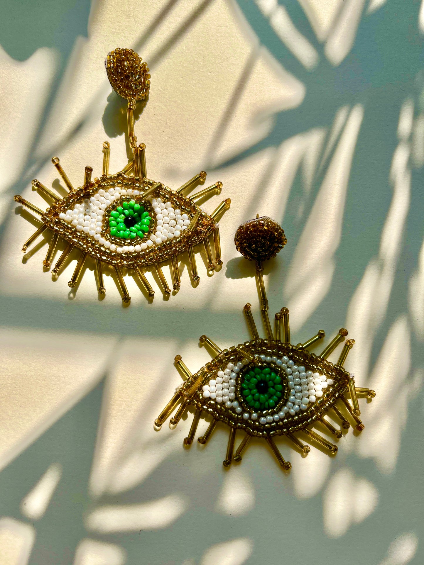White and Green Fancy Evil Eye Handmade Beaded Earring