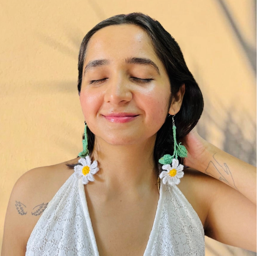Daily Flower with Leaf Style Handmade Crochet Earrings