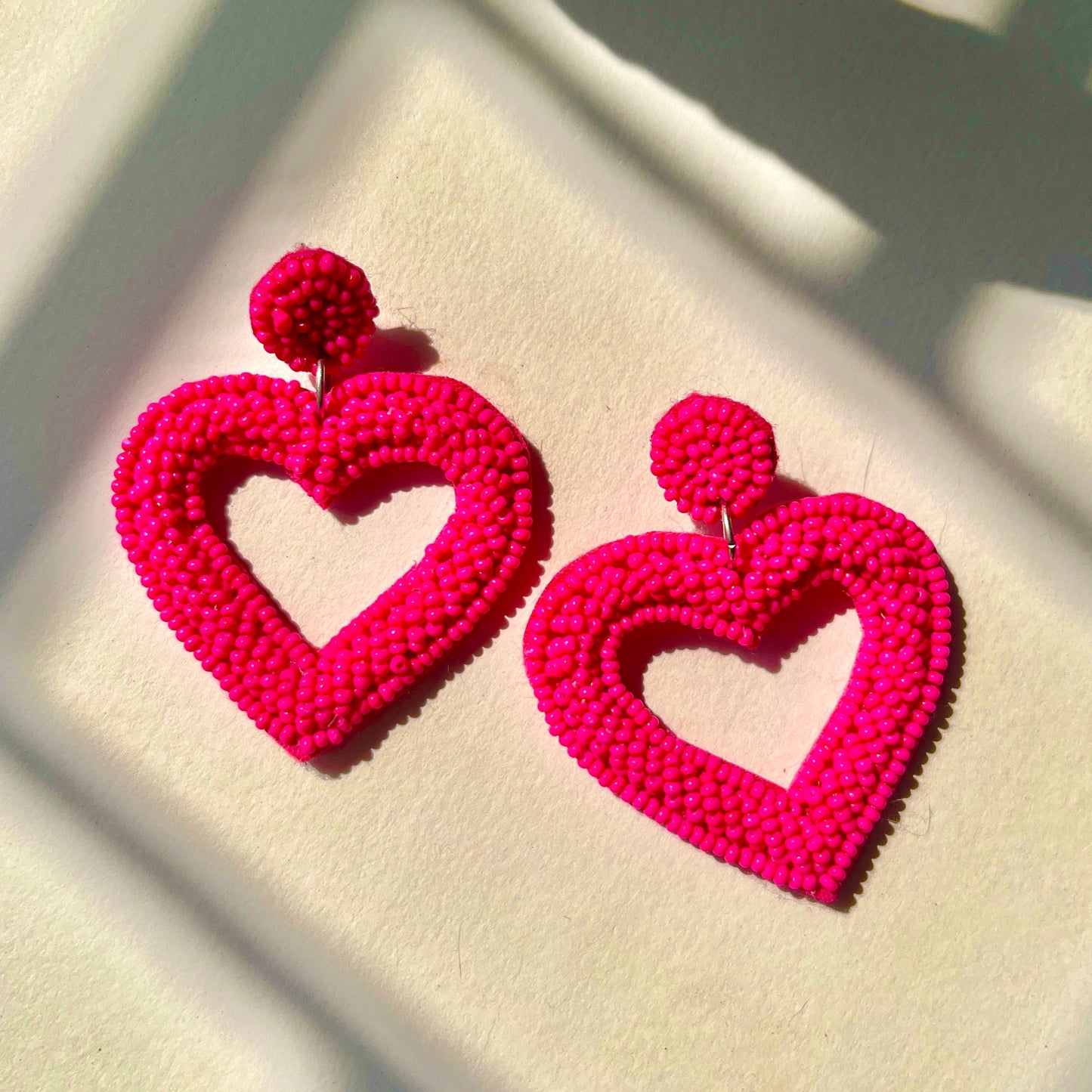 Pink Heart Shape Handmade Beaded Earrings