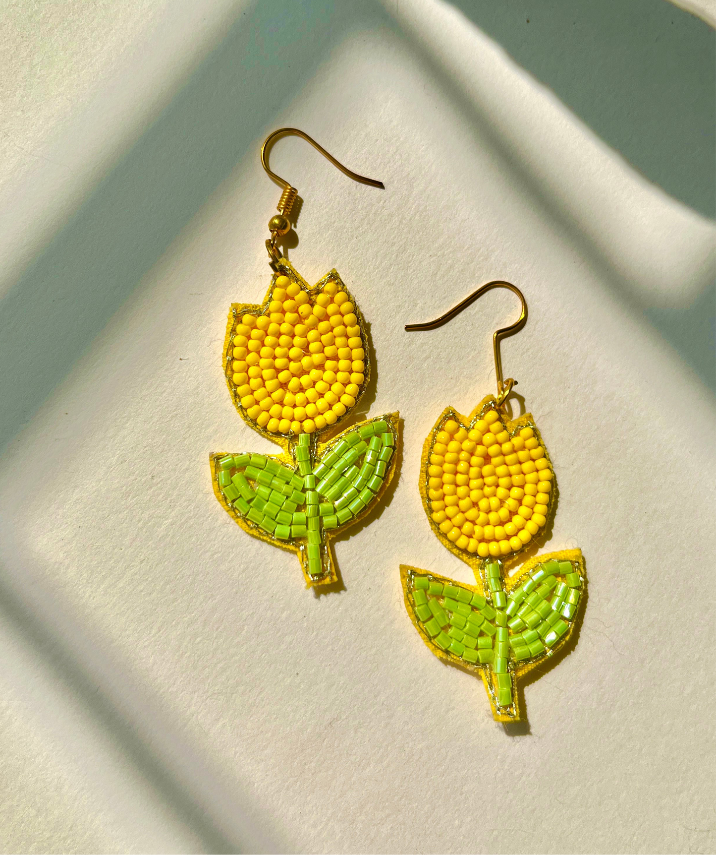 Yellow Tulip Shape Handmade Beaded Earrings