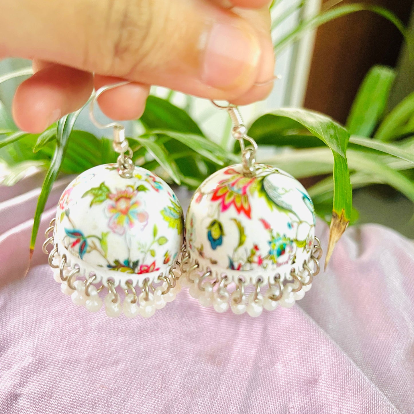 White Colorful Meenakari Handmade Jhumka