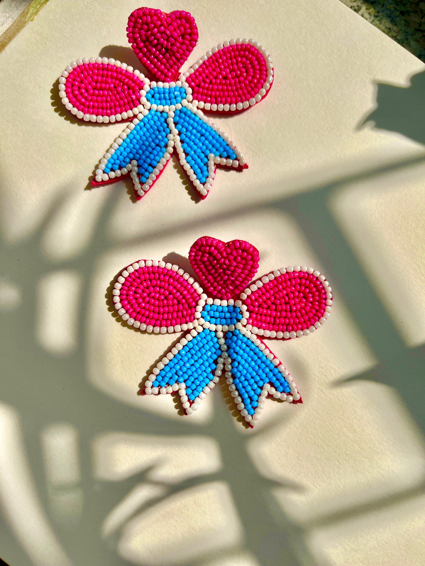 Pink and Blue Bow Shape Handmade Beaded Earrings