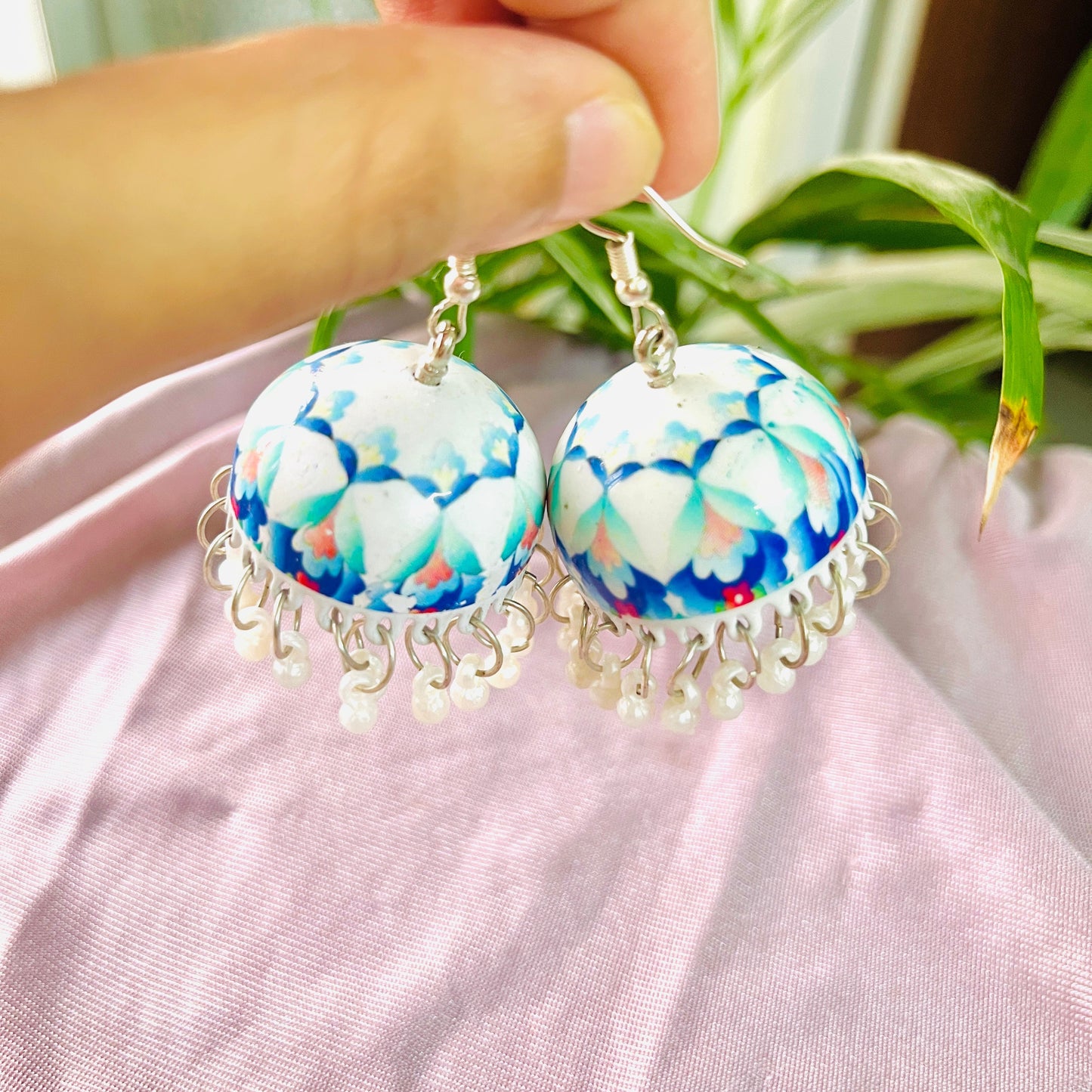 White and Blue Designed Meenakari Handmade Jhumka