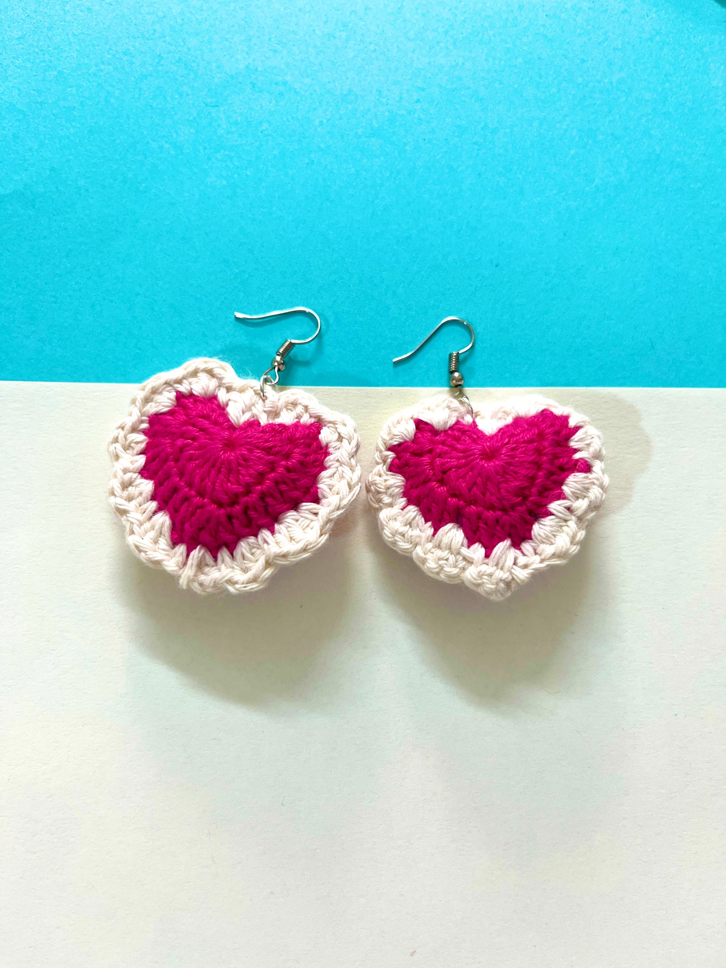 Pink and White Heart Shape Handmade Crochet Earrings