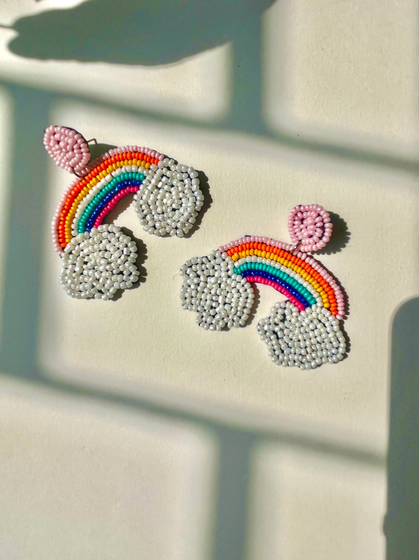 Multi Colored Rainbow and Clouds Handmade Beaded Earrings