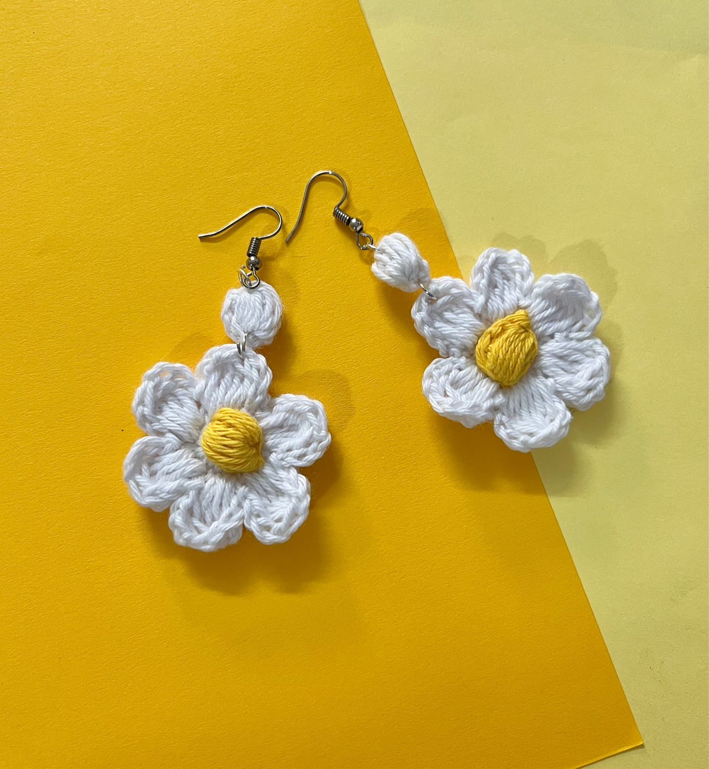 White and Yellow Daisy Flower Handmade Crochet Earrings