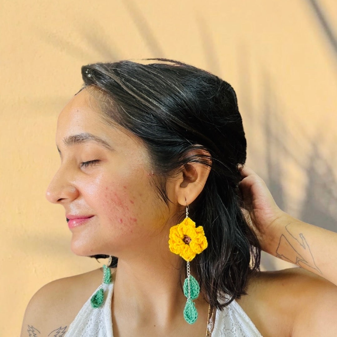 Sunflower with Leaves Handmade Crochet Earrings