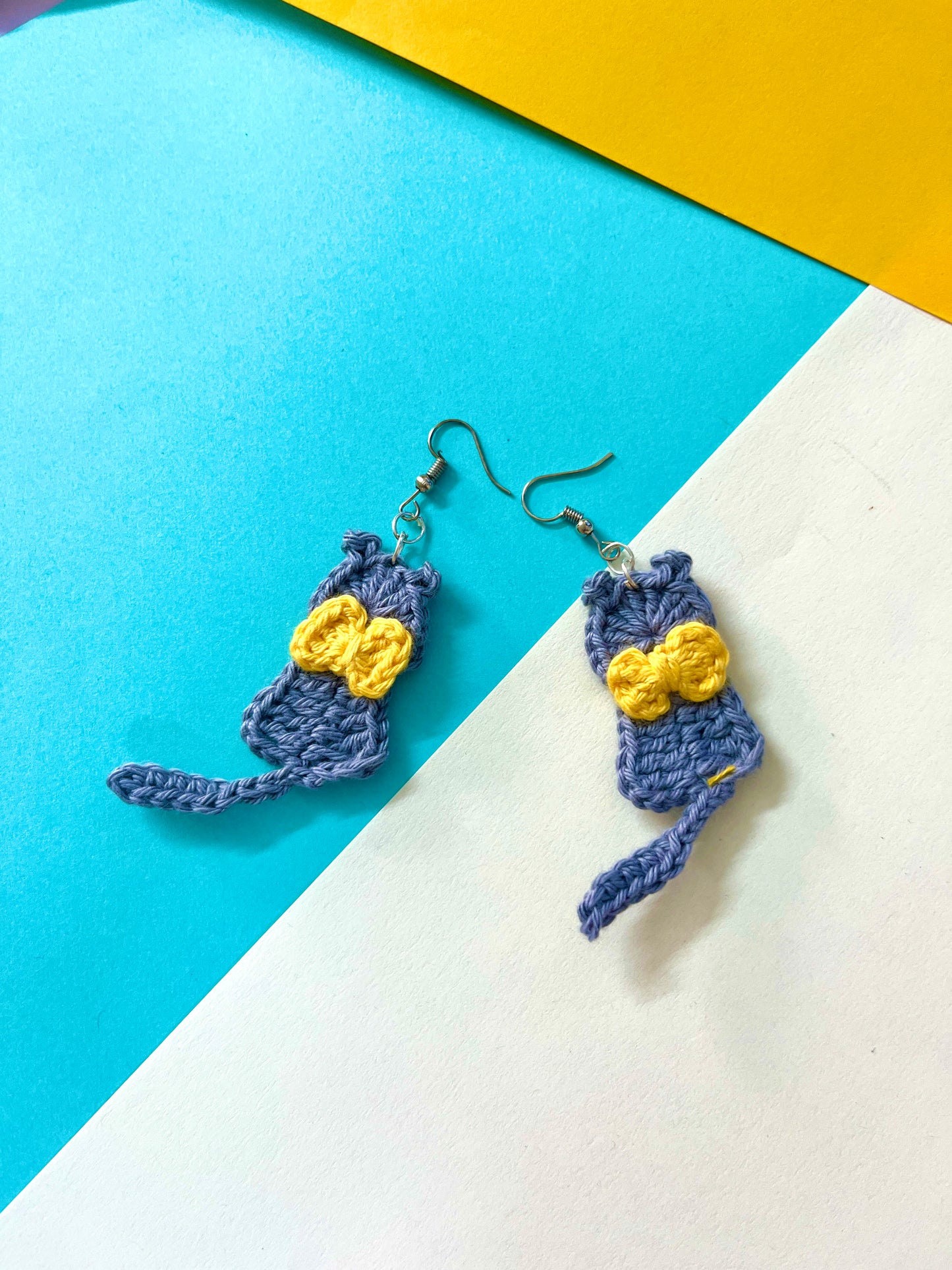 Grey and Yellow Cat Shape Handmade Crochet Earrings