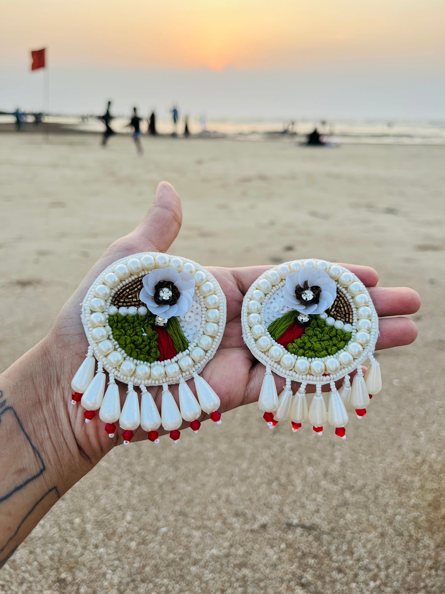 Beautiful White And Green Handmade Beaded Earrings