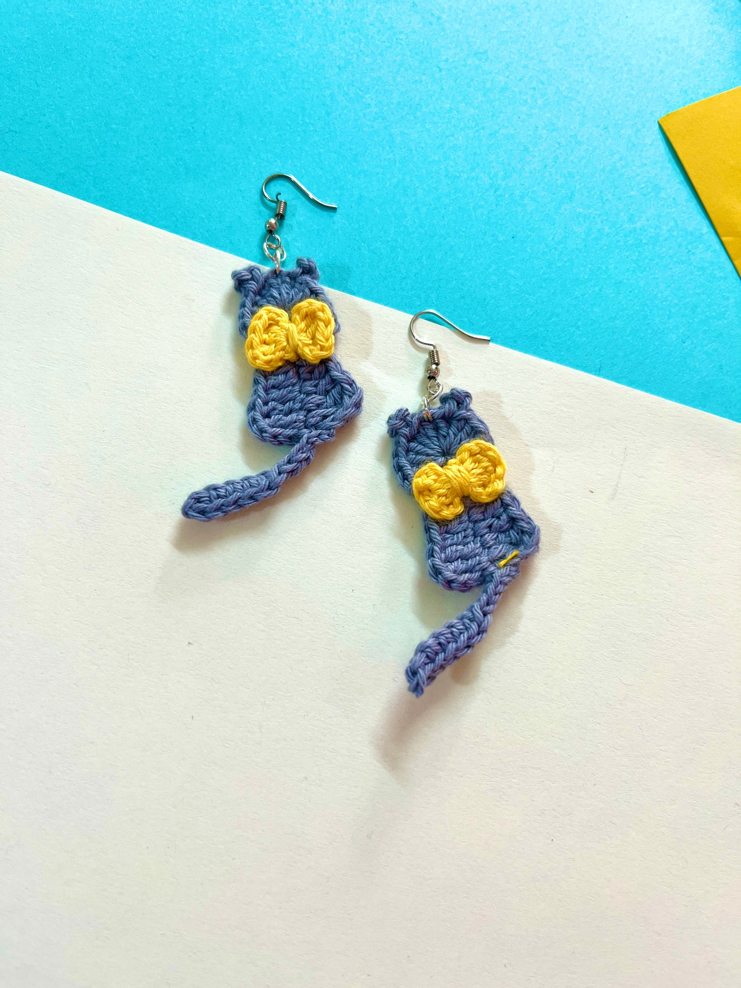 Grey and Yellow Cat Shape Handmade Crochet Earrings