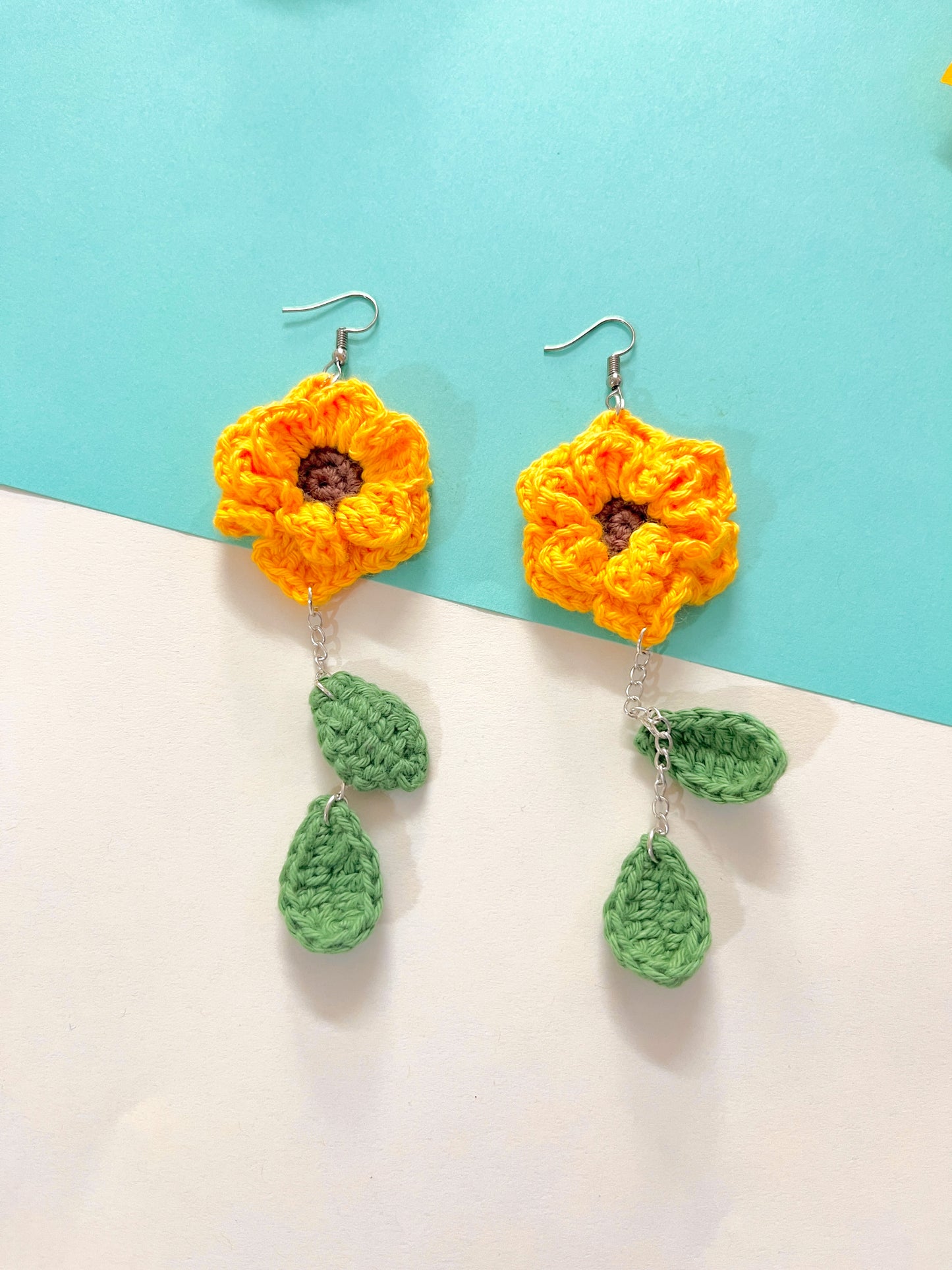 Sunflower with Leaves Handmade Crochet Earrings