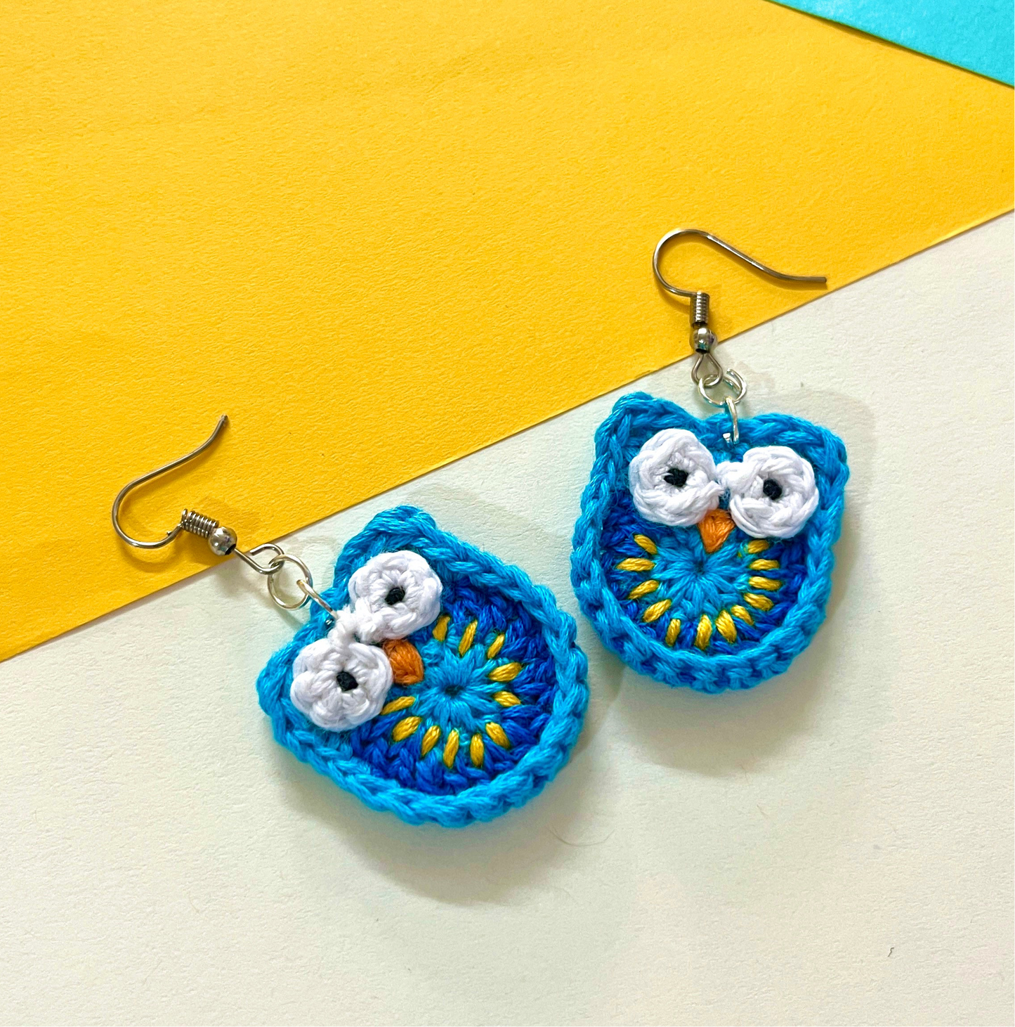 Blue Owl Shape Handmade Crochet Earrings
