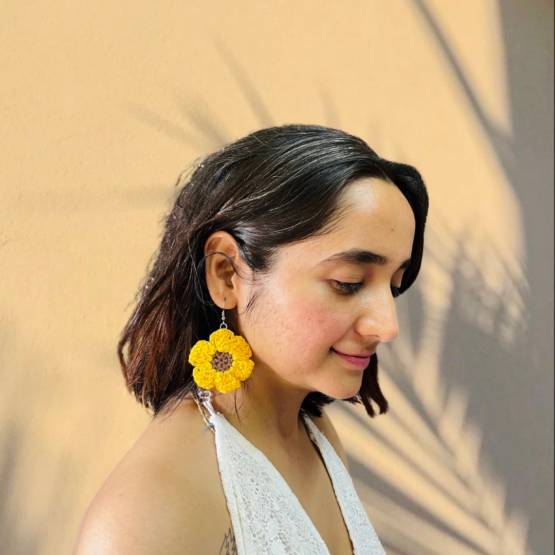 Yellow Sunflower Shape Handmade Crochet Earrings