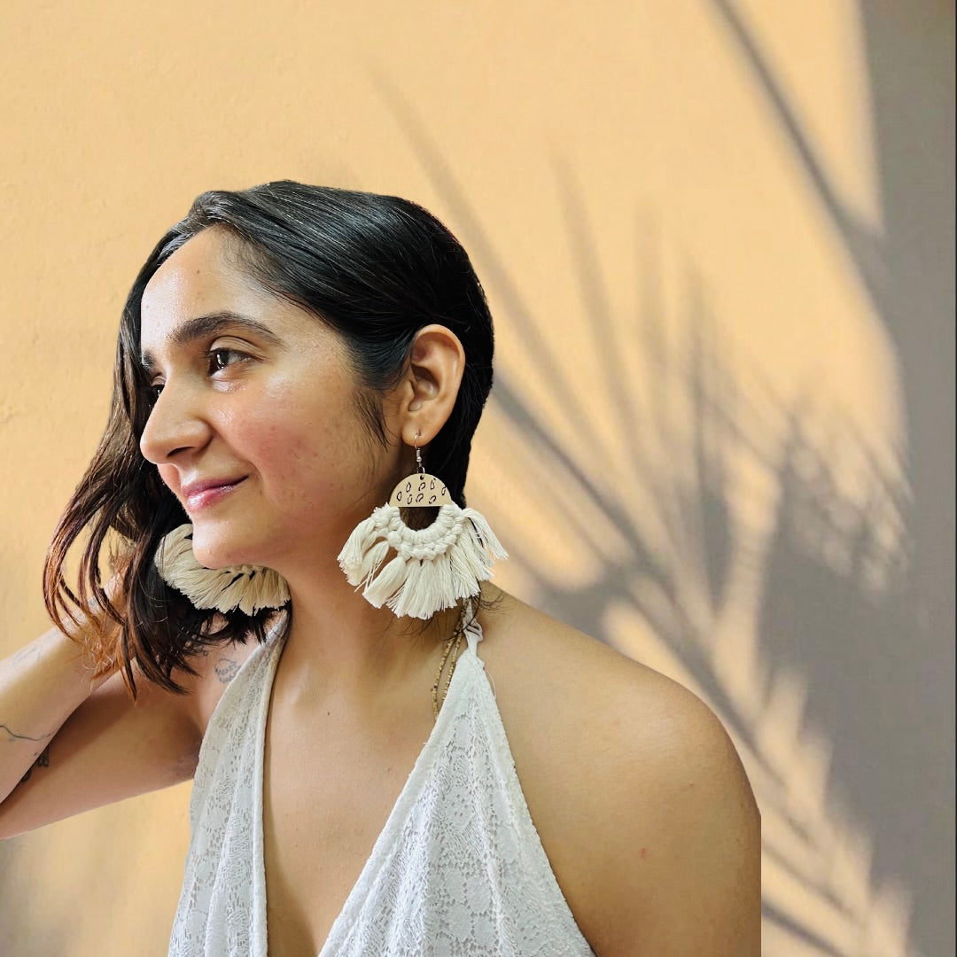 White Frills Boho Style Handmade Macrame Earrings