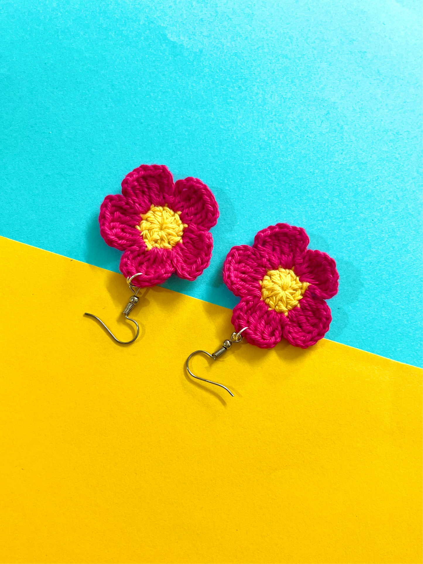 Pink and Yellow Flower Shape Handmade Crochet Earrings