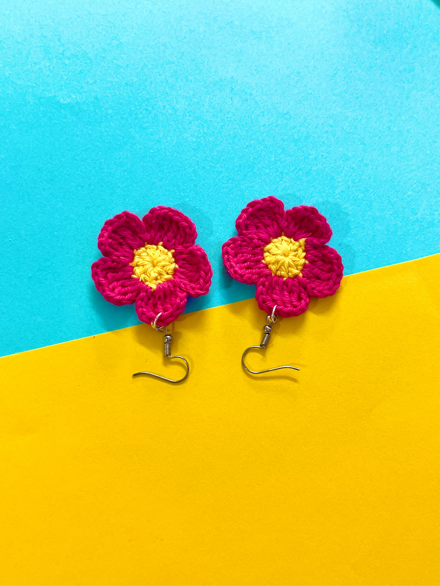 Pink and Yellow Flower Shape Handmade Crochet Earrings