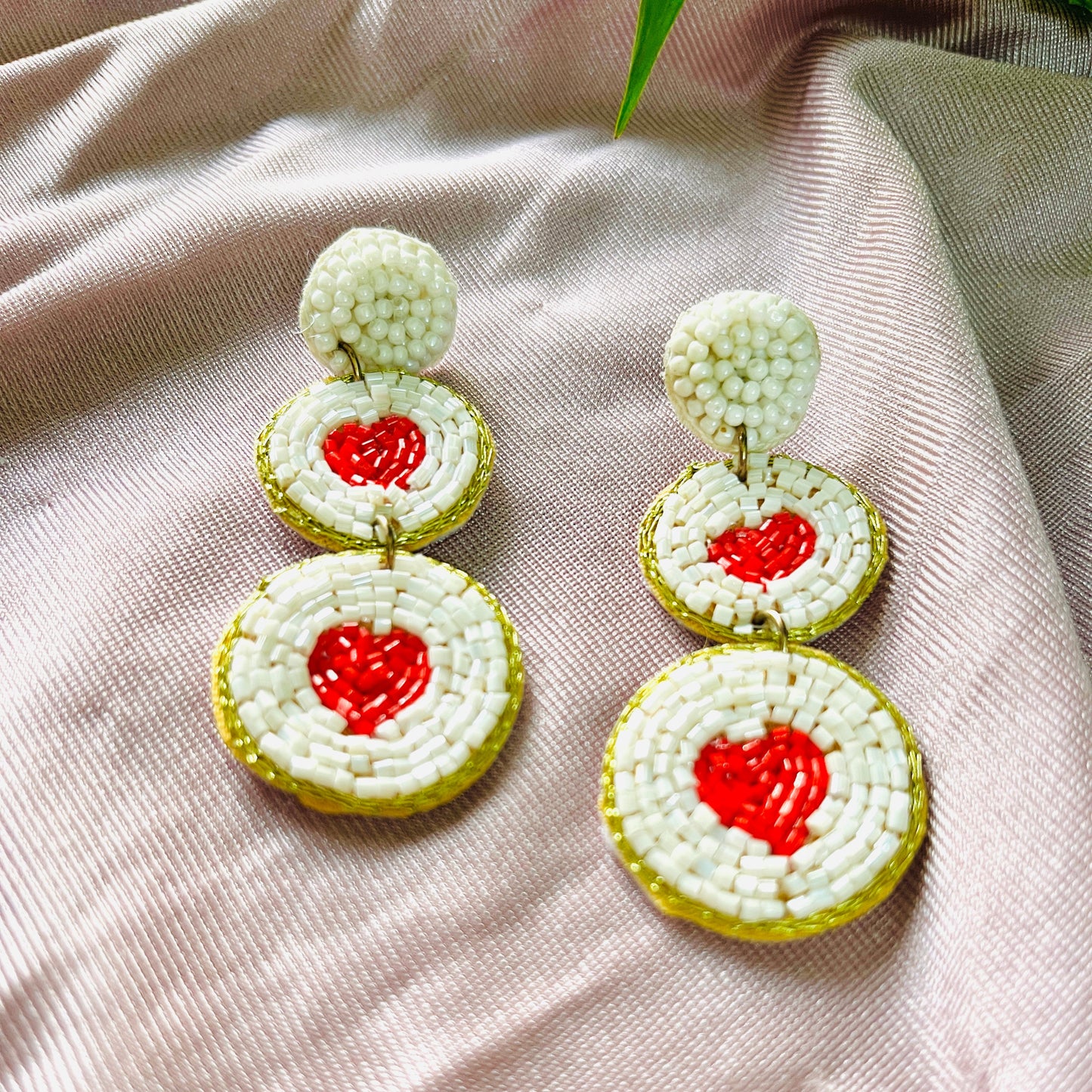 White and Red Heart Handmade Beaded Earrings