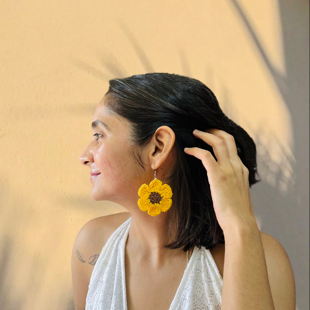 Yellow Sunflower Shape Handmade Crochet Earrings