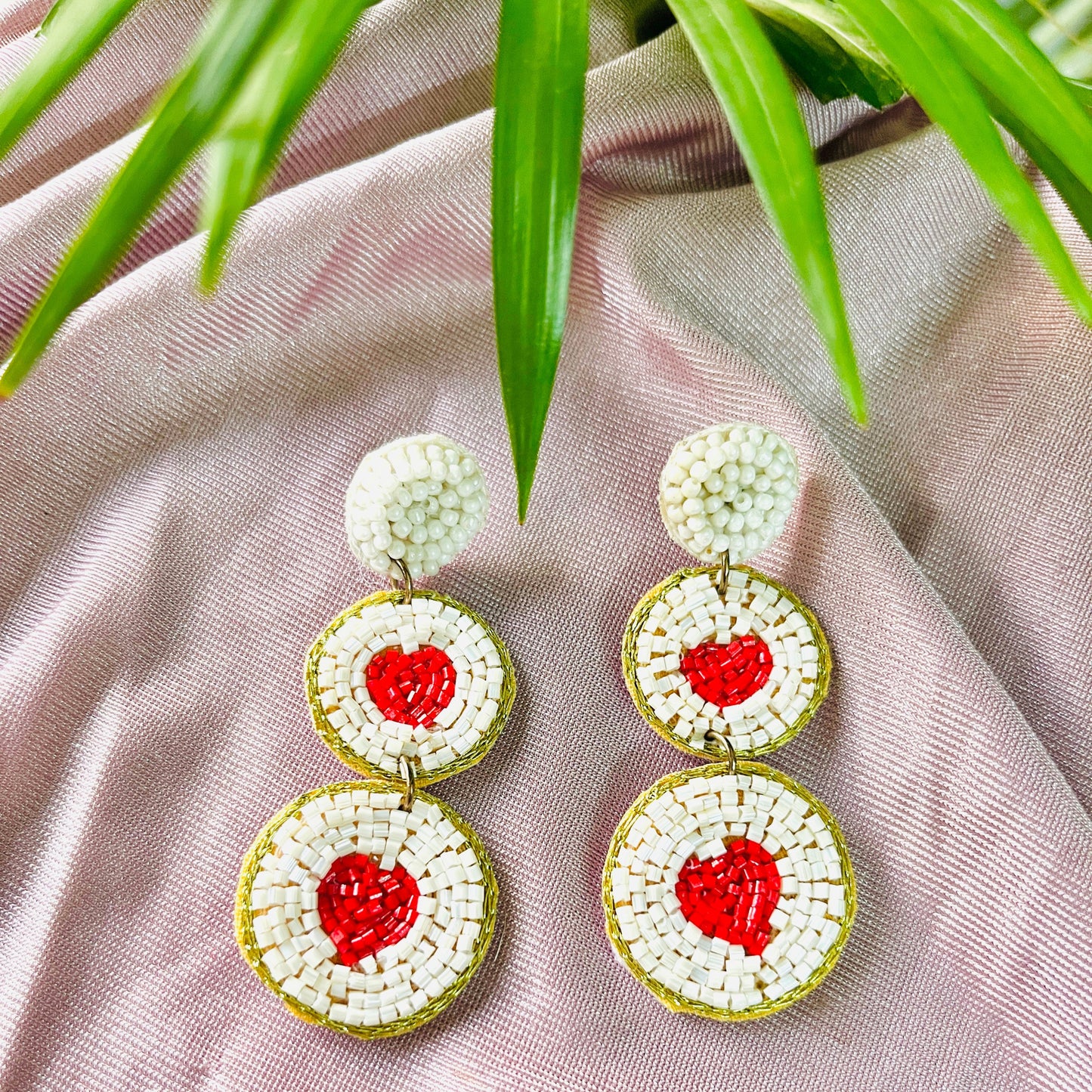 White and Red Heart Handmade Beaded Earrings