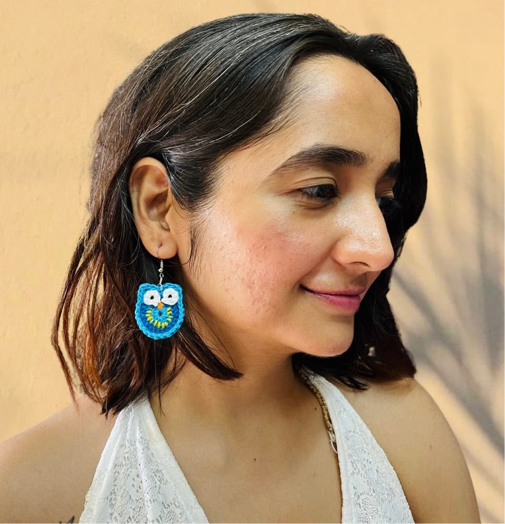 Blue Owl Shape Handmade Crochet Earrings