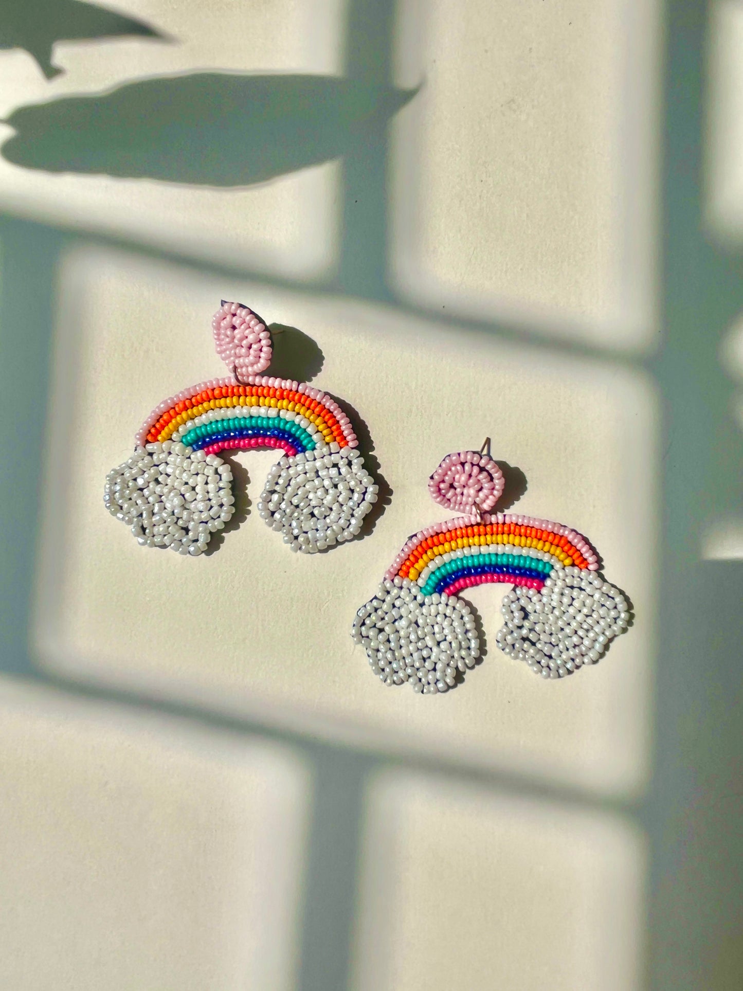 Multi Colored Rainbow and Clouds Handmade Beaded Earrings