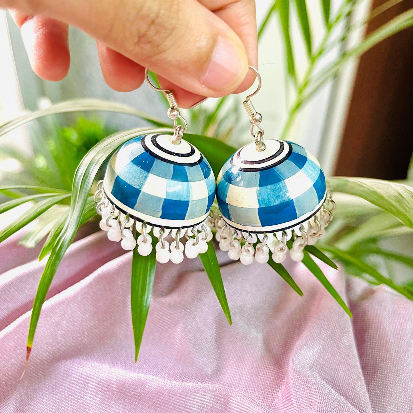 Blue and White Meenakari Handmade Jhumka
