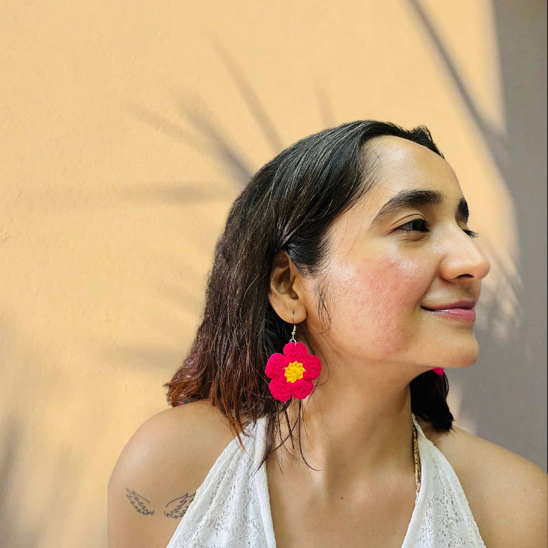 Pink and Yellow Flower Shape Handmade Crochet Earrings
