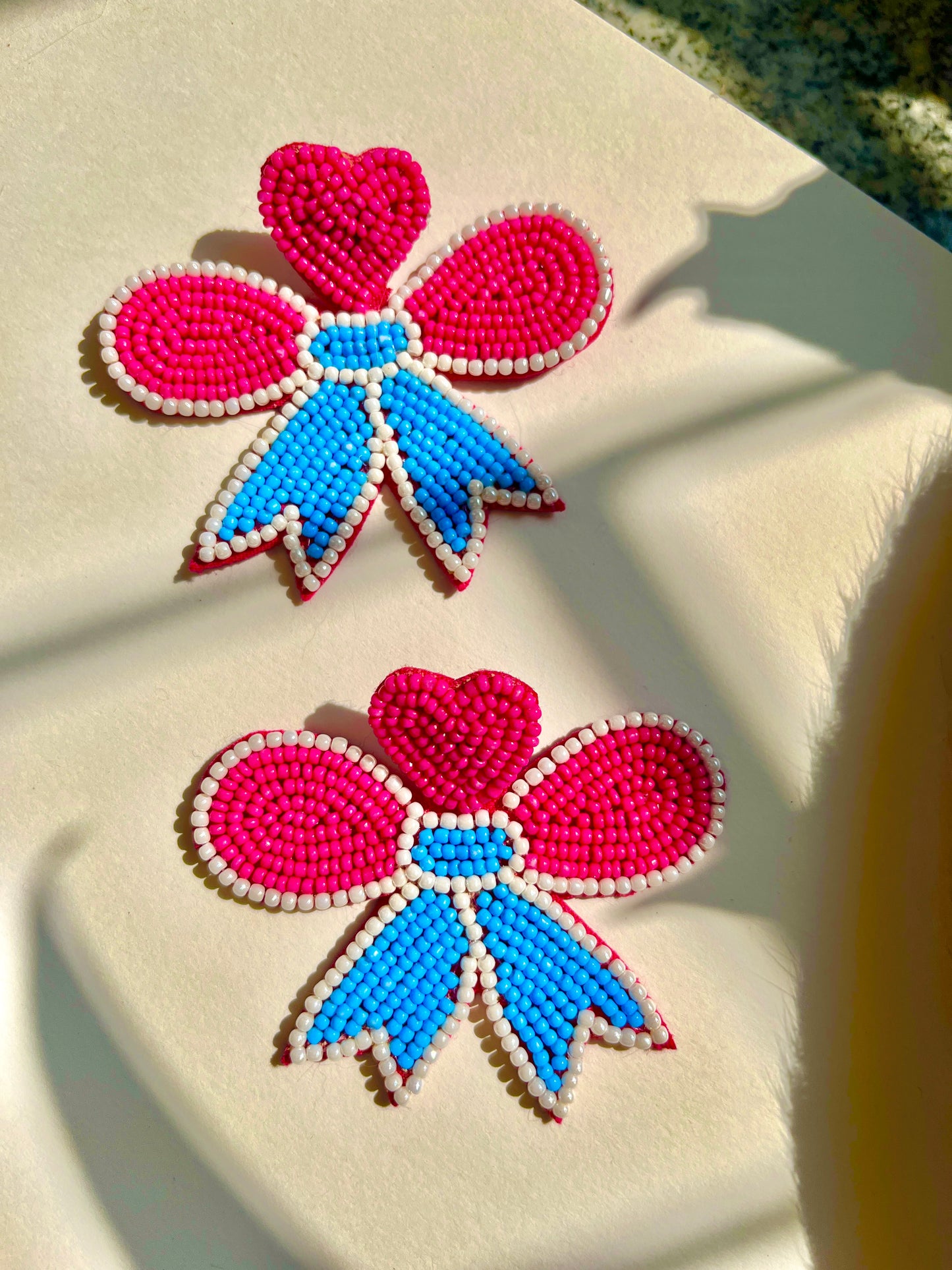Pink and Blue Bow Shape Handmade Beaded Earrings