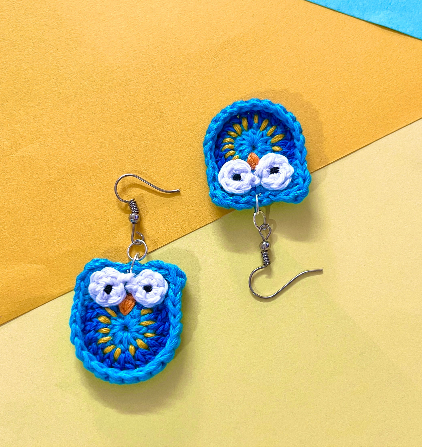 Blue Owl Shape Handmade Crochet Earrings