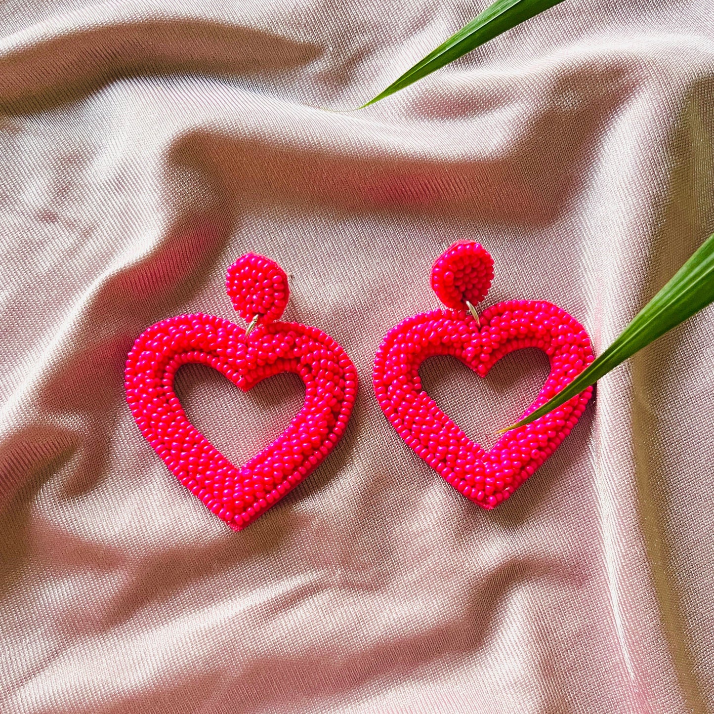 Pink Heart Shape Handmade Beaded Earrings