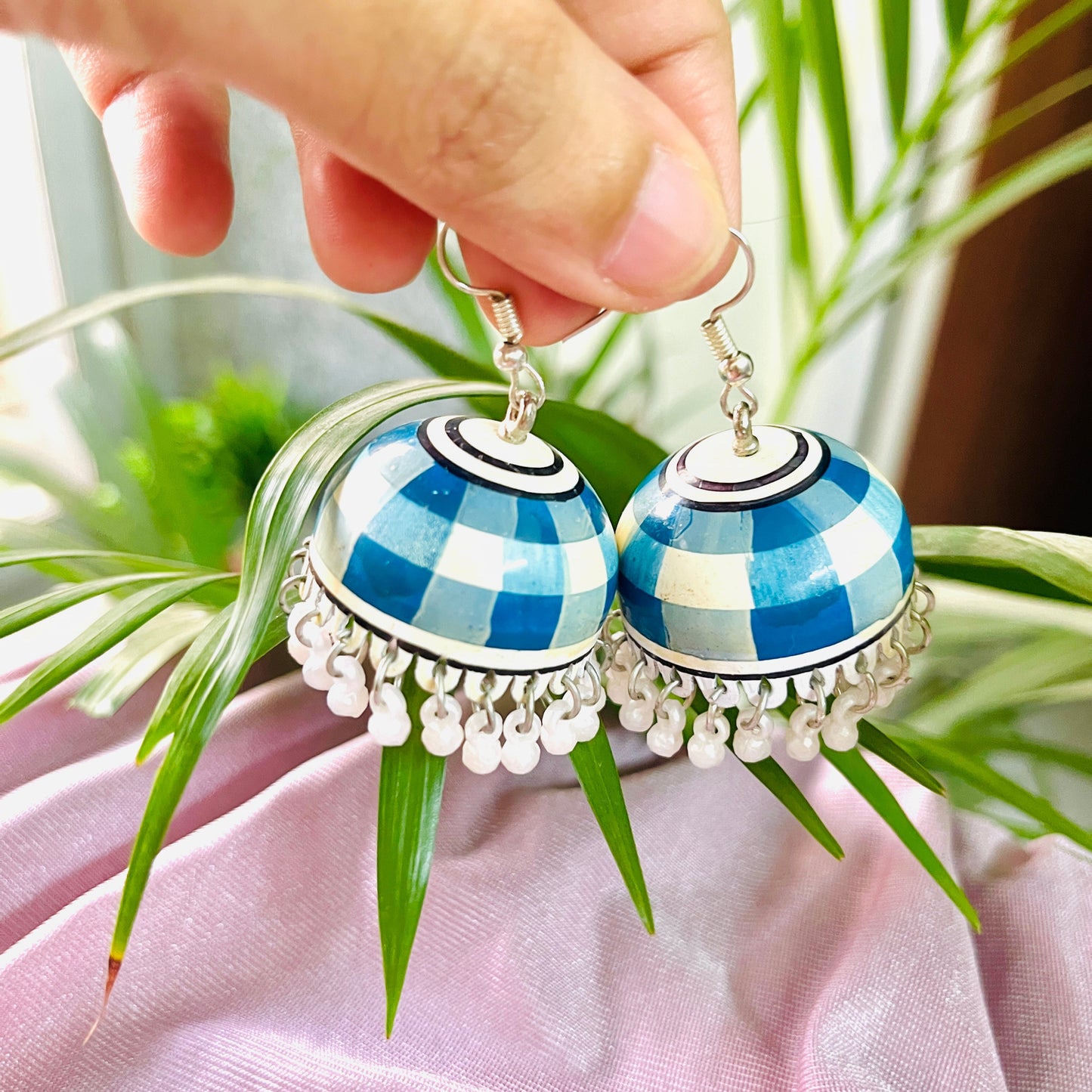 Blue and White Meenakari Handmade Jhumka