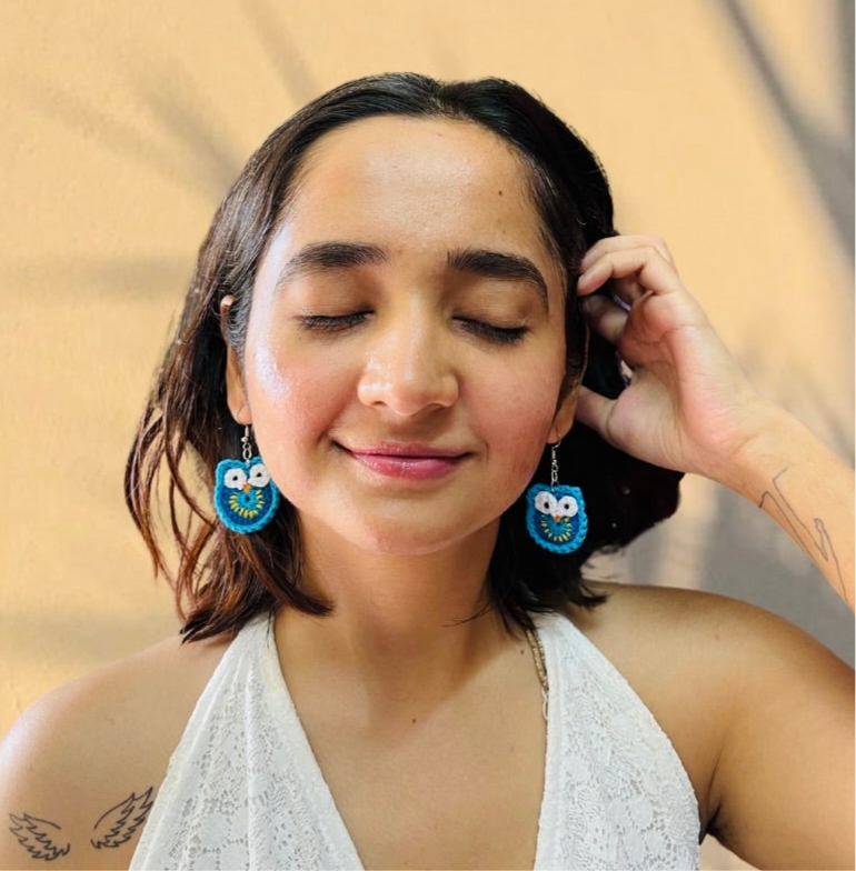 Blue Owl Shape Handmade Crochet Earrings
