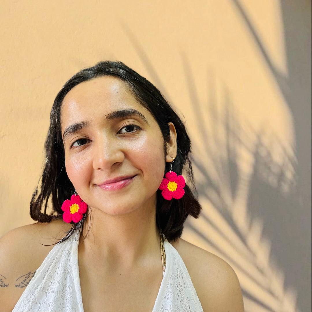 Pink and Yellow Flower Shape Handmade Crochet Earrings