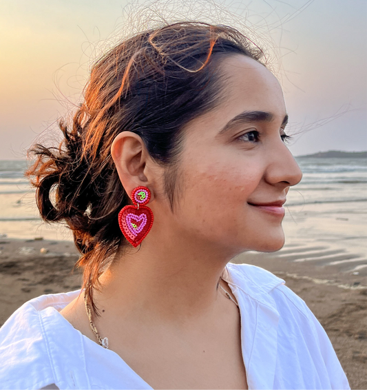 All Heart Shape Pink Handmade Beaded Earrings