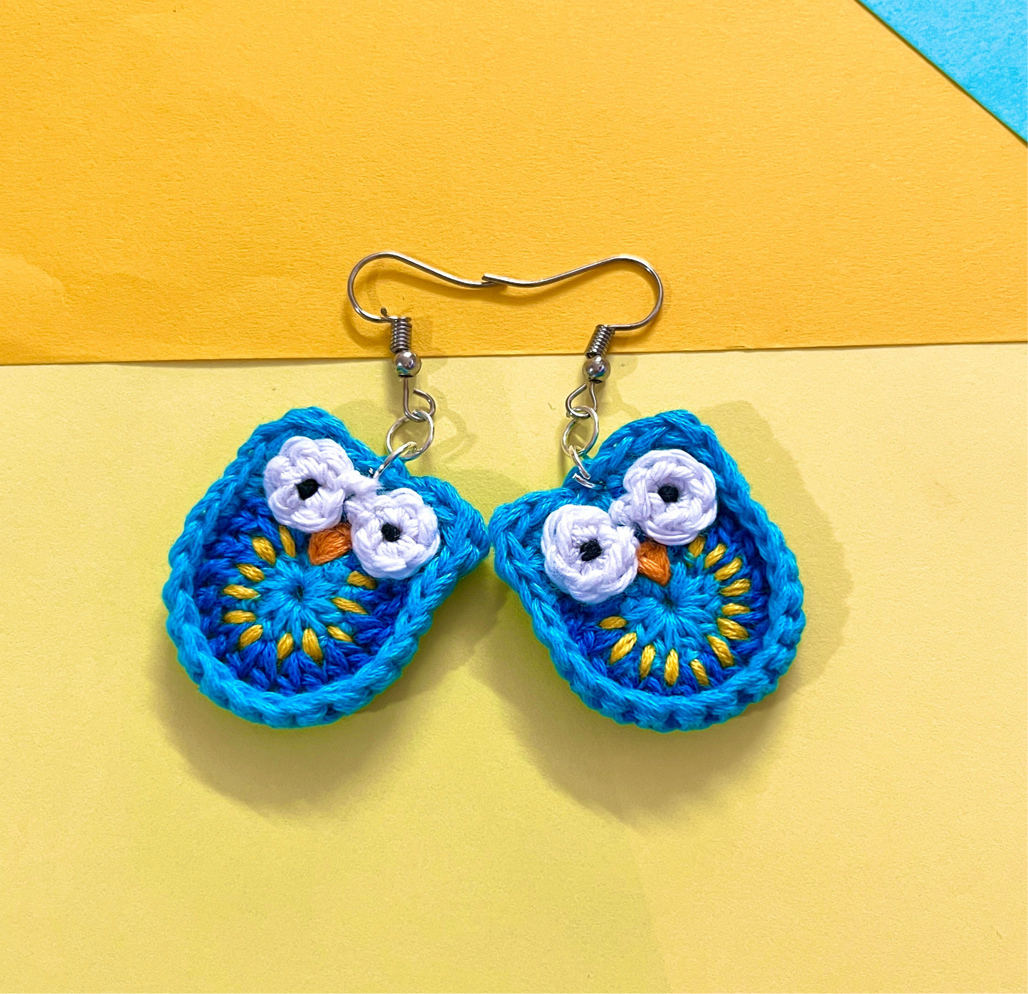 Blue Owl Shape Handmade Crochet Earrings