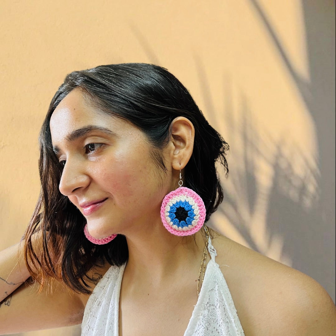 Multi Color handmade crochet evil eye style earrings