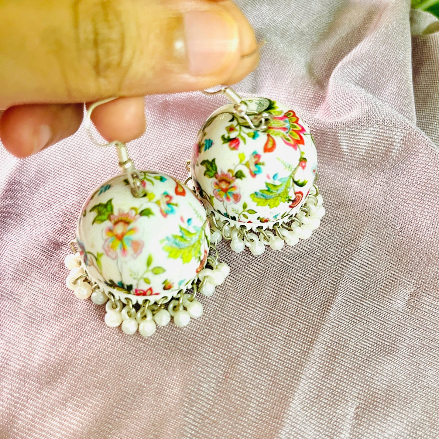 White Colorful Meenakari Handmade Jhumka