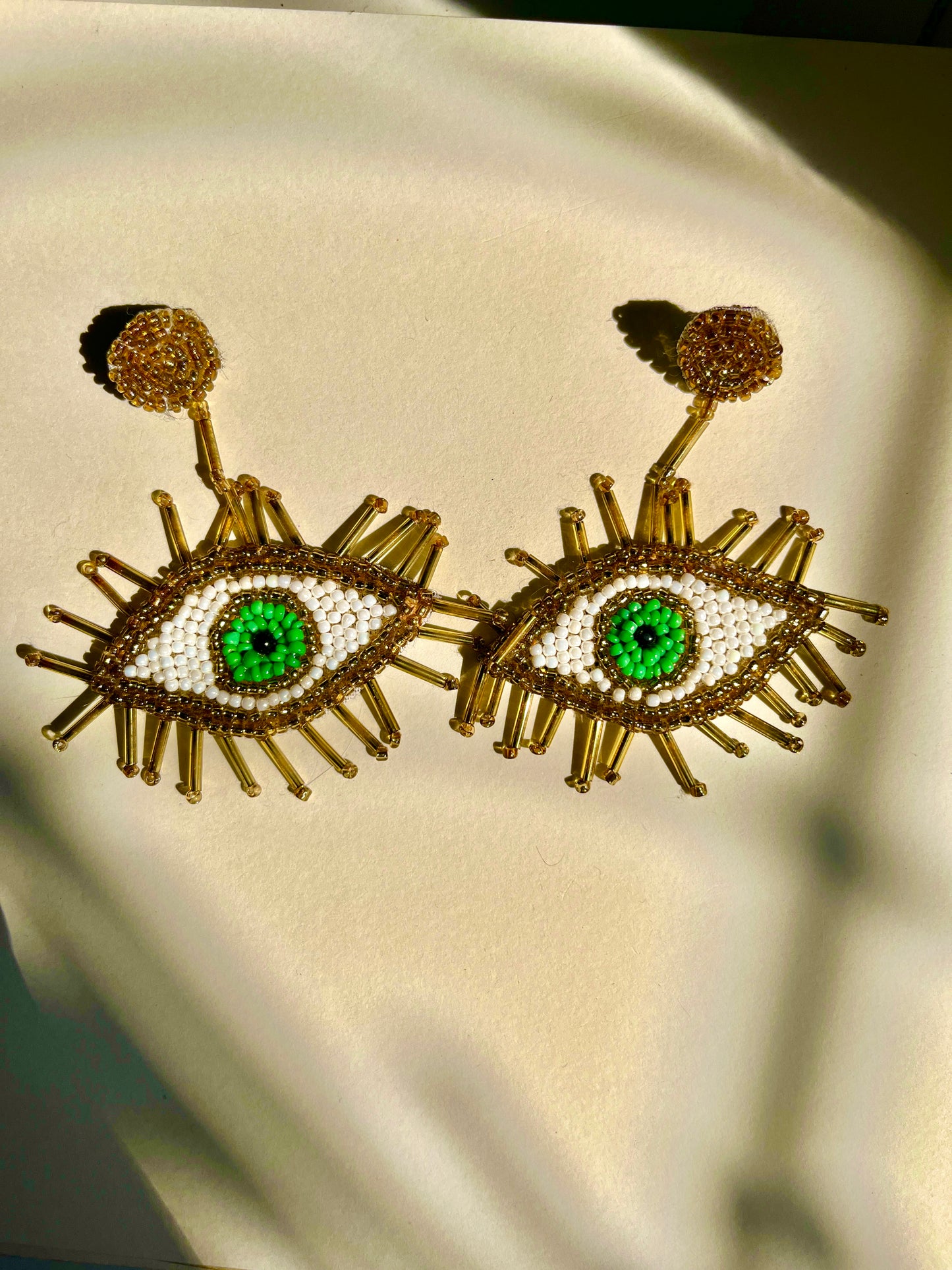White and Green Fancy Evil Eye Handmade Beaded Earring