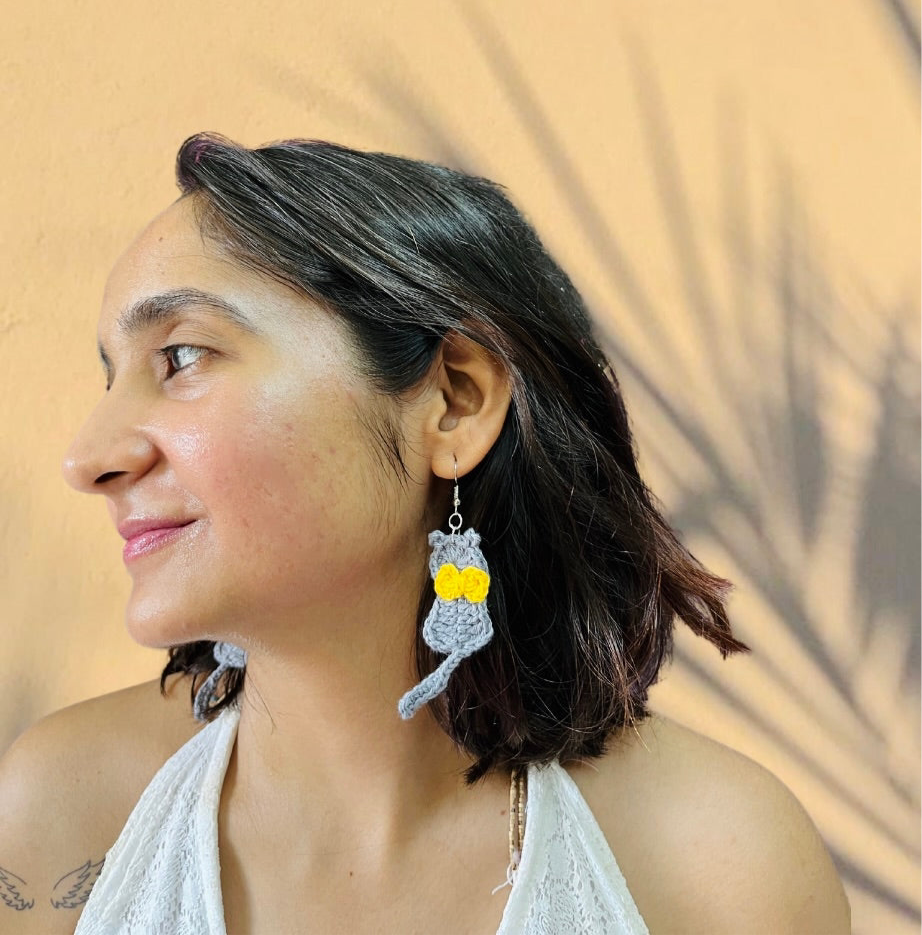 Grey and Yellow Cat Shape Handmade Crochet Earrings