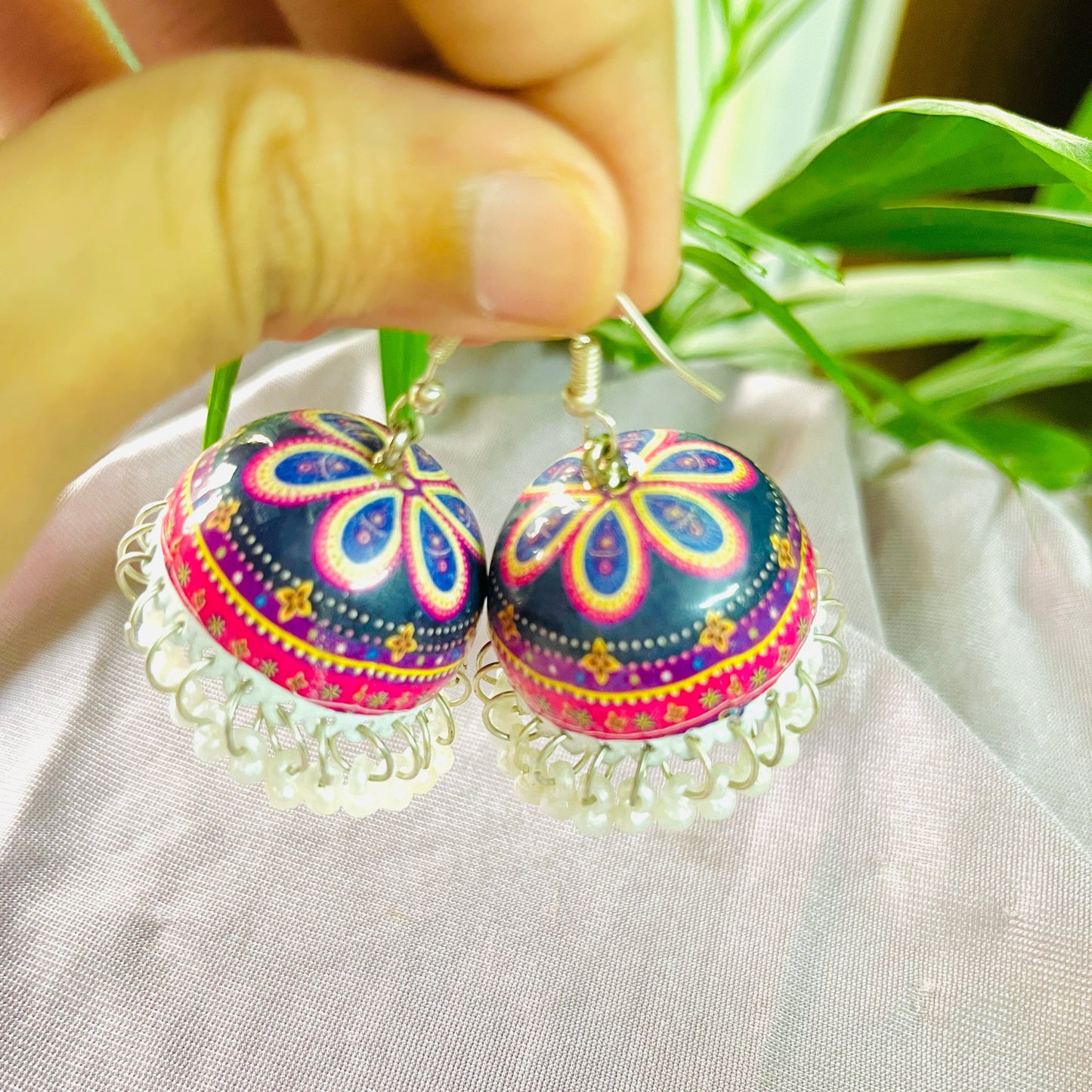 Red and blue Meenkari Handmade Jhumka