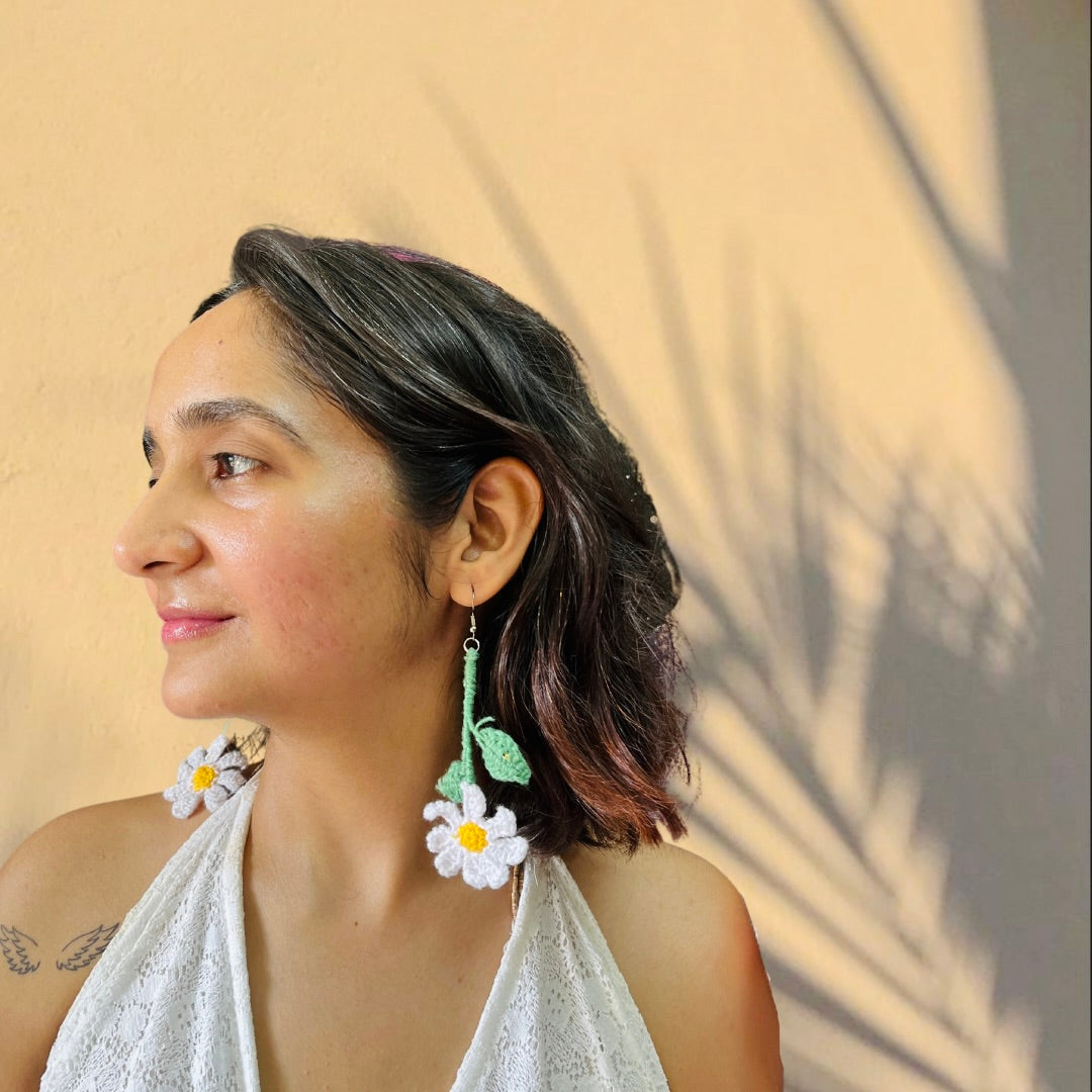 Daily Flower with Leaf Style Handmade Crochet Earrings