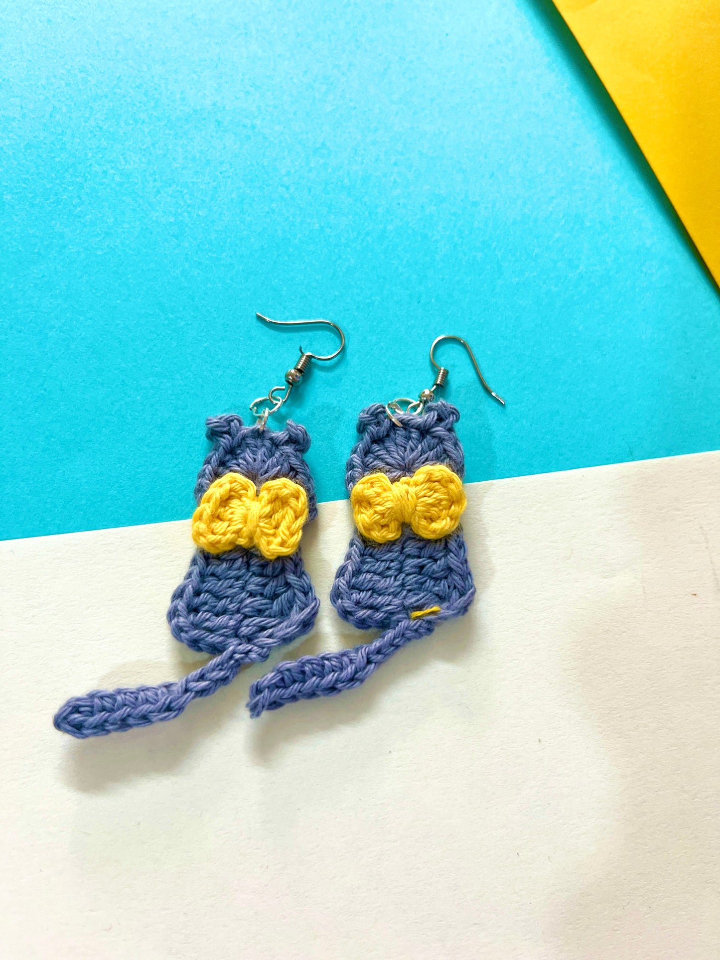 Grey and Yellow Cat Shape Handmade Crochet Earrings