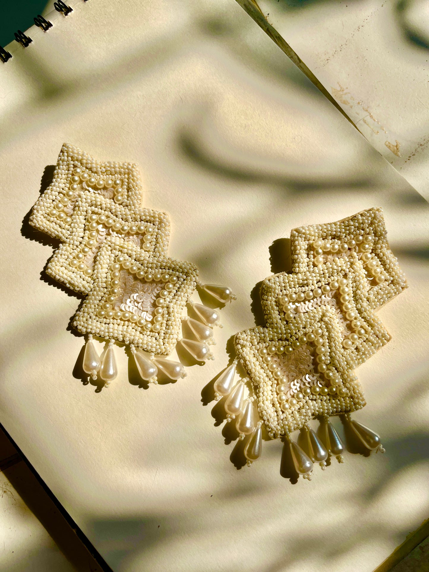All White Embroidery Handmade Beaded Earrings