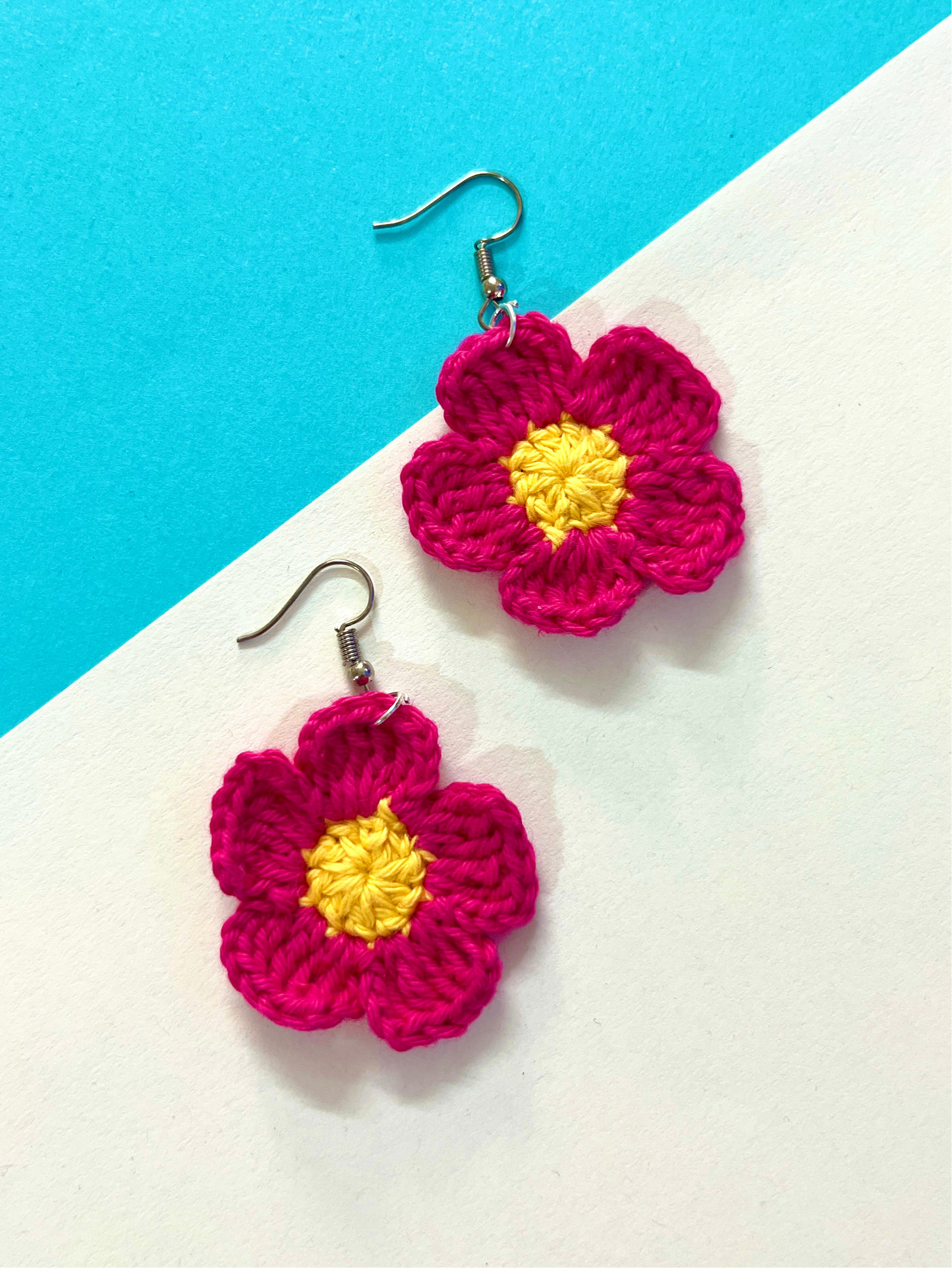 Pink and Yellow Flower Shape Handmade Crochet Earrings