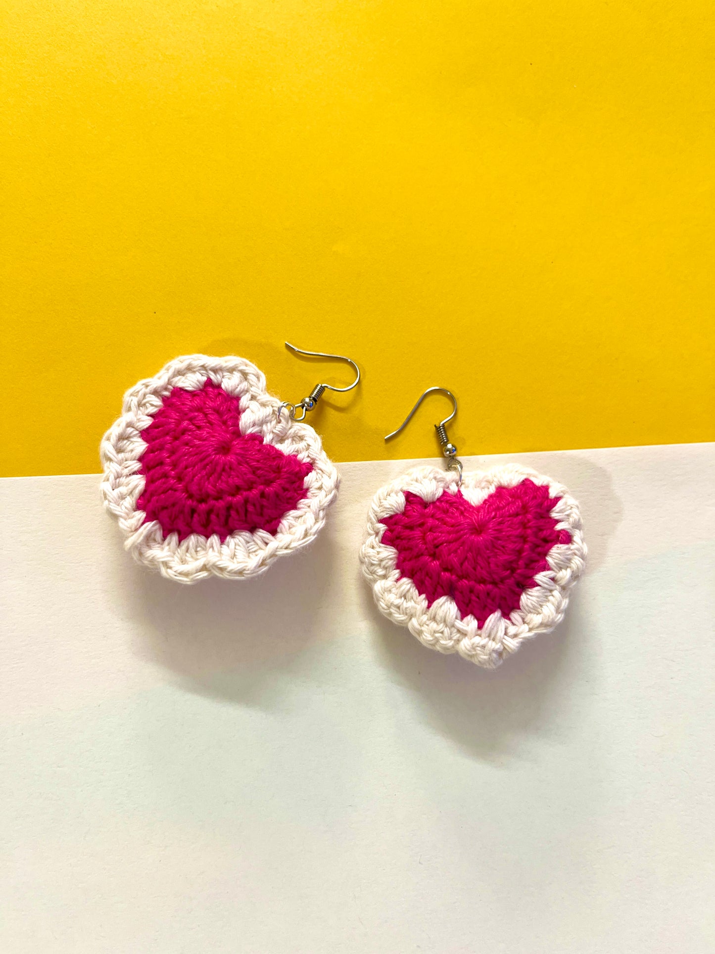Pink and White Heart Shape Handmade Crochet Earrings