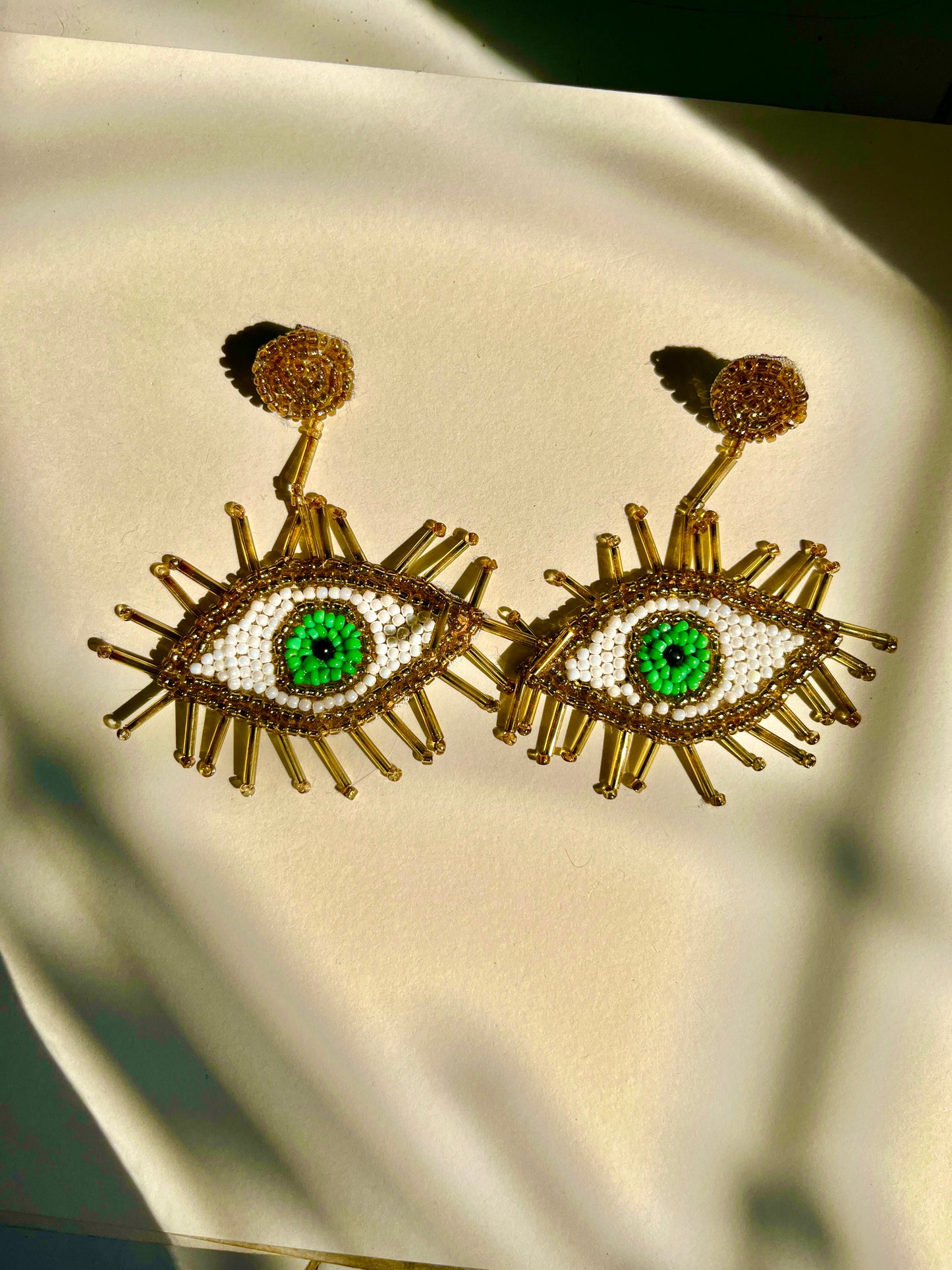 White and Green Fancy Evil Eye Handmade Beaded Earring