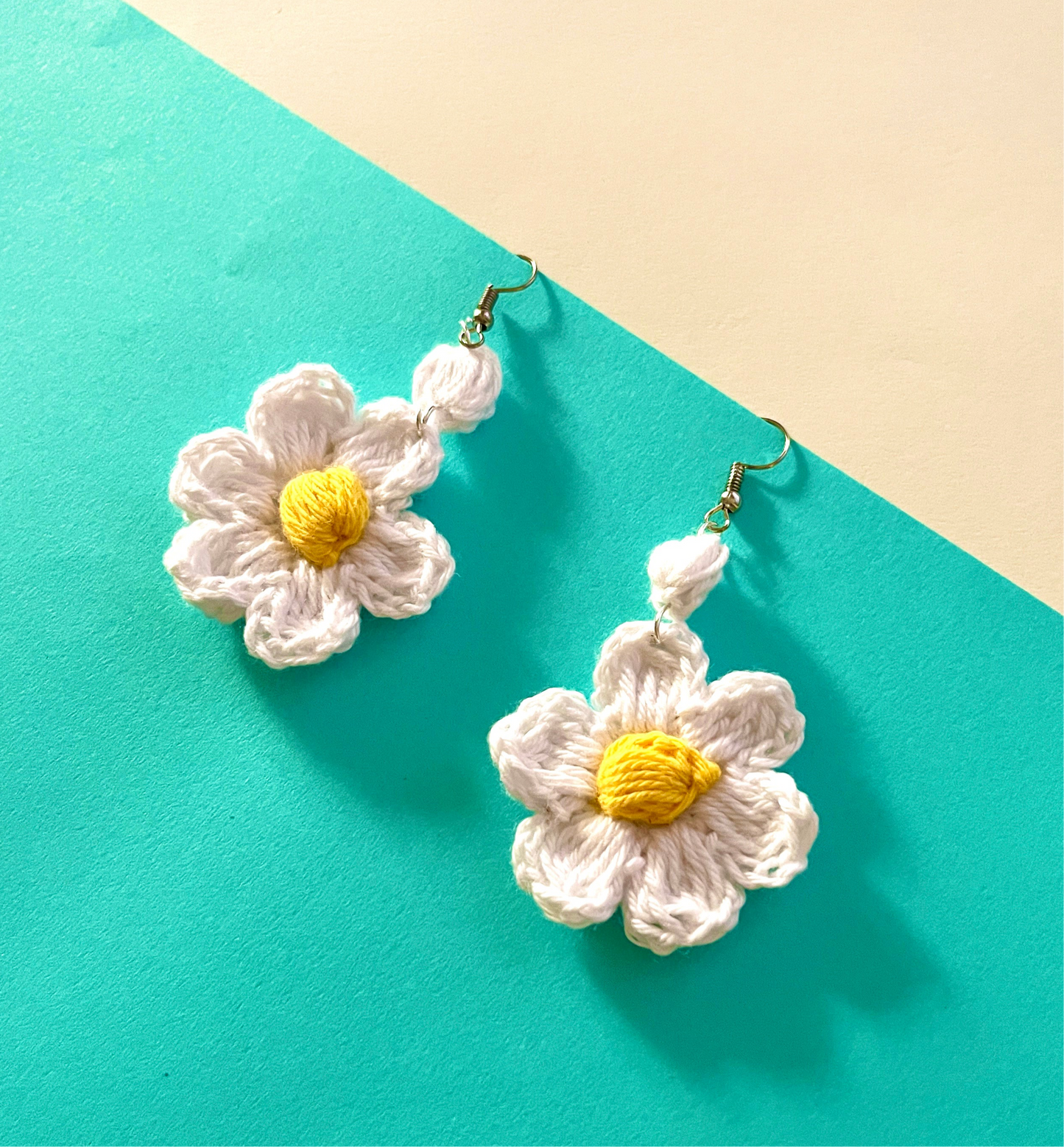White and Yellow Daisy Flower Handmade Crochet Earrings
